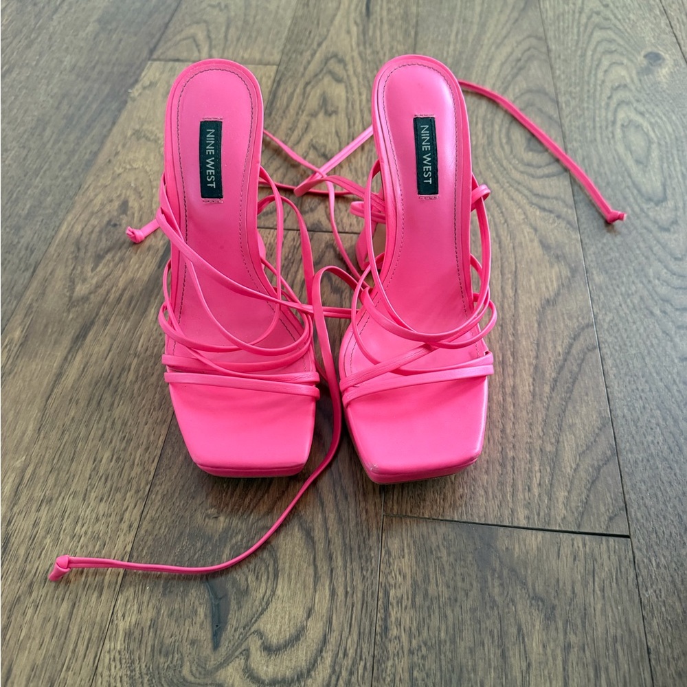 Nine West Hot Pink Strappy Square-Toe Lace-Up Heels